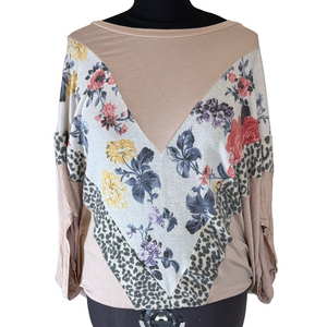 Chic Soul Light Brown Floral and Leopard Print Bat Wing Blouse SKU1503